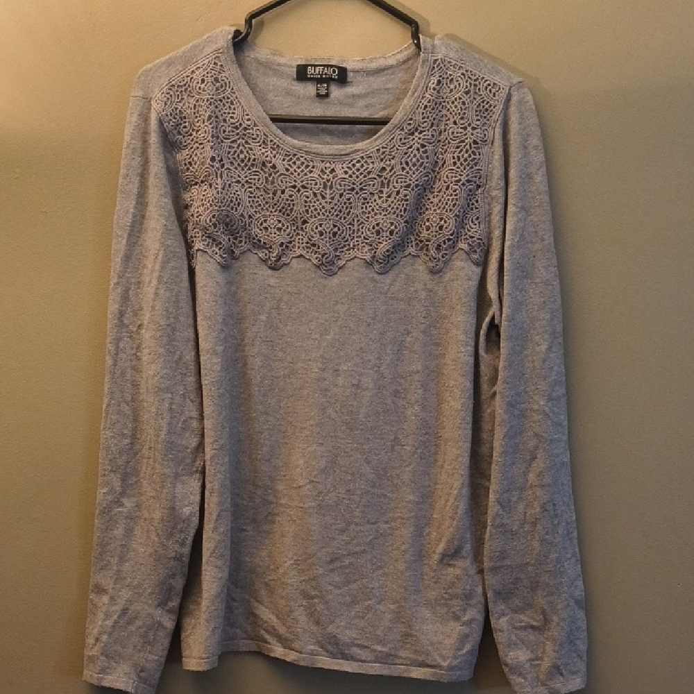 Buffalo David Bitton Gray Lace Accent Blouse